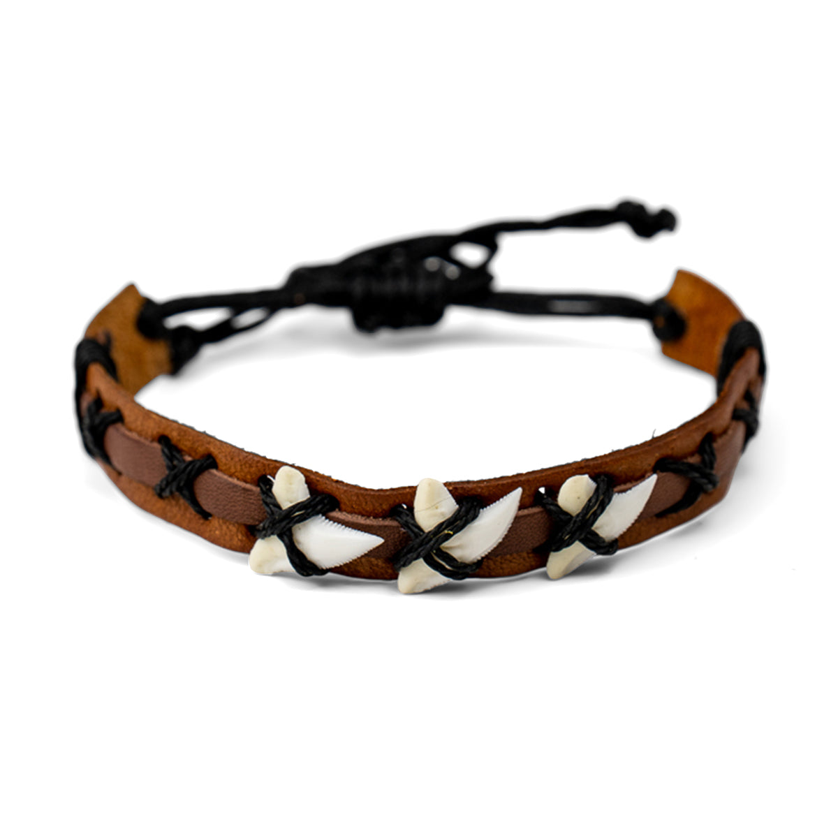 PSB1024 - Triple Shark Tooth Bracelet on Thick Light Brown and Dark Brown Leather Strap