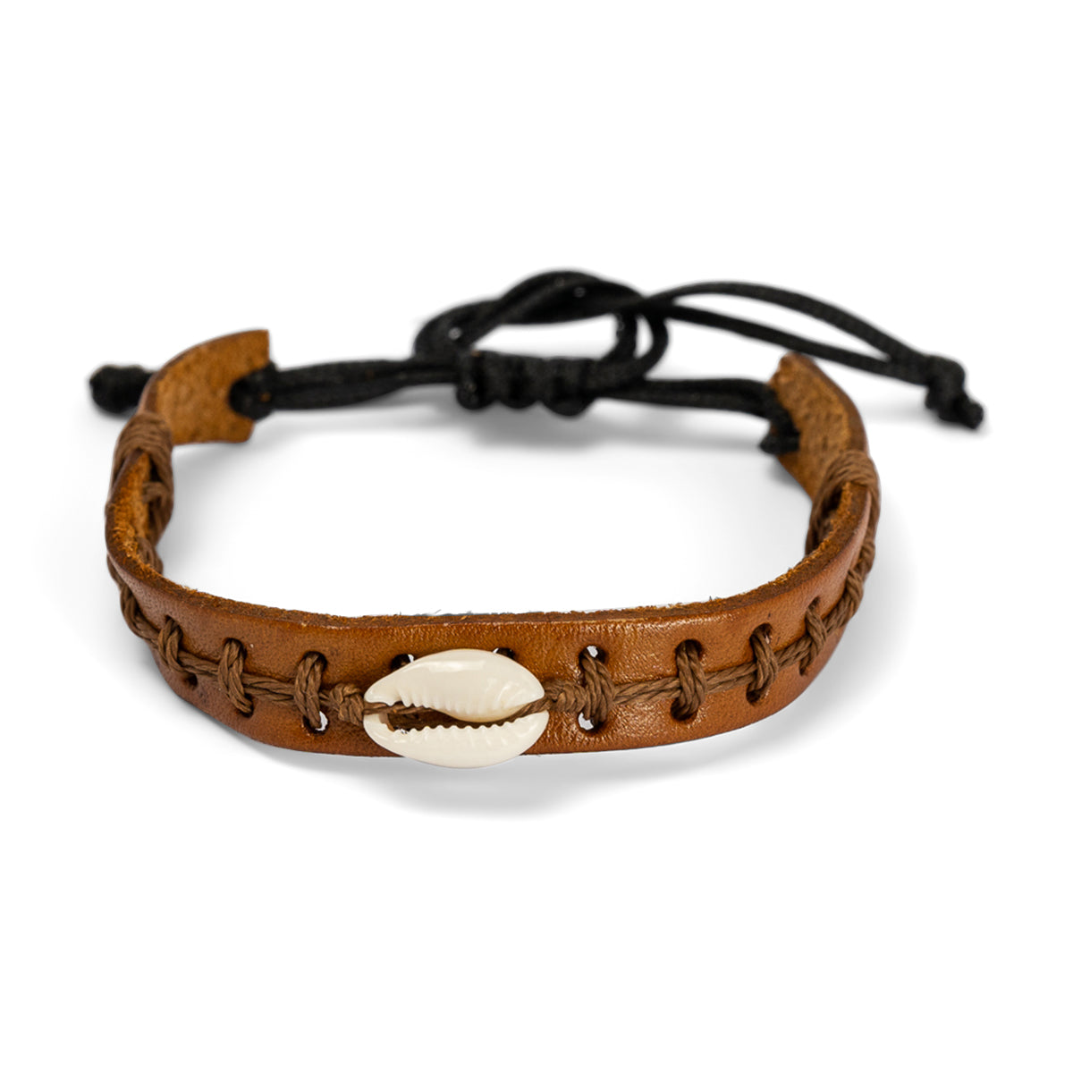 PALM STRINGS - SINGLE COWRIE WITH LIGHT BROWN AND BLACK STRING ON A THICK LIGHT BROWN LEATHER STRAP