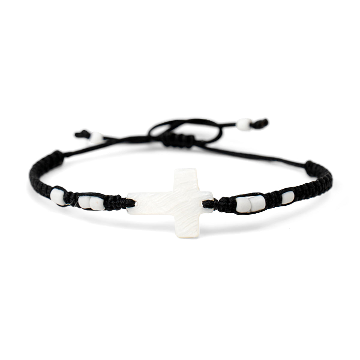 PSB139 - Mother of Pearl Cross Bracelet with Small White Beads on Black String