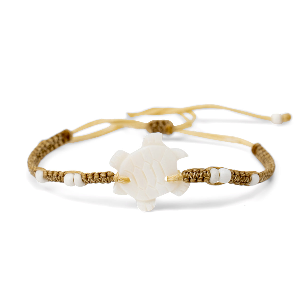 PSB147 - Mother of Pearl Turtle Bracelet with Small White Beads on Sand String
