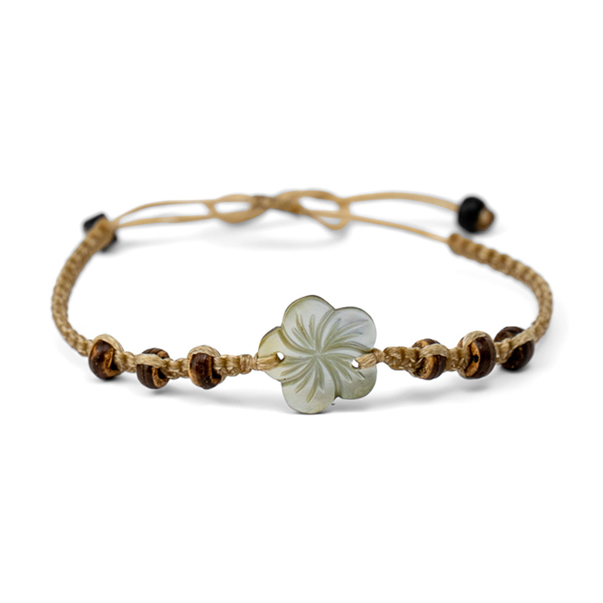 PSB329 - Paua Flower Bracelet with Wooden Beads on Sand String