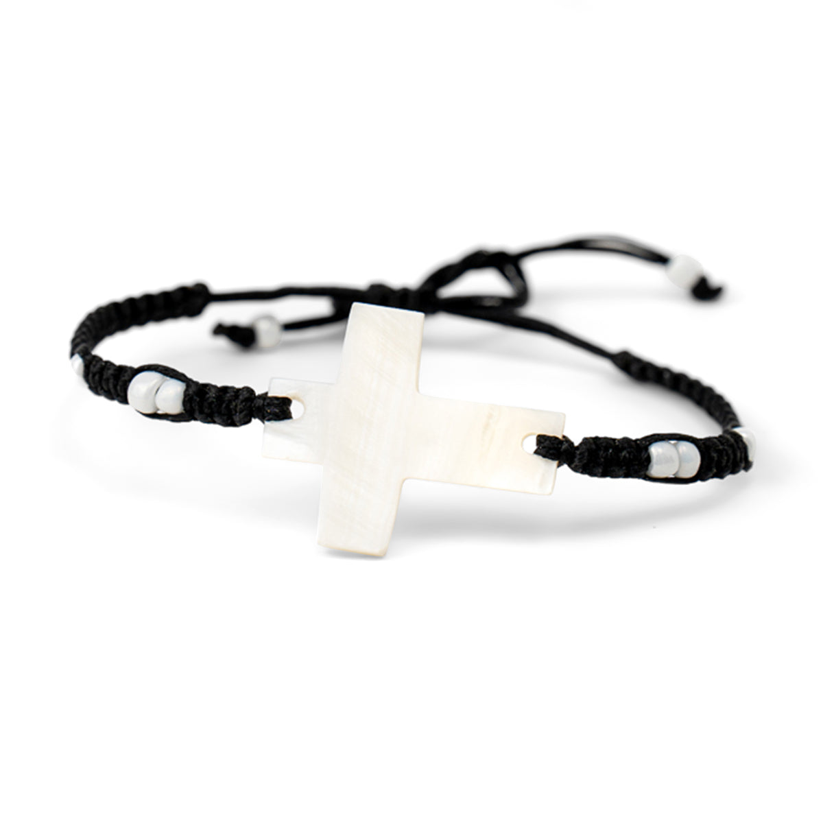 PSB349 - Medium Mother of Pearl Cross Bracelet with Small White Beads on Black String