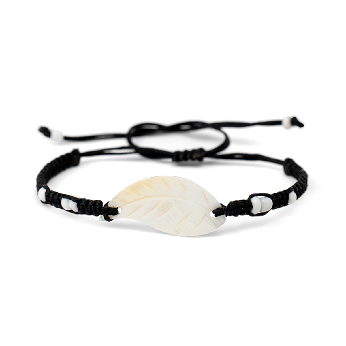PSB523 - White Leaf & White Bead Bracelet - Black String