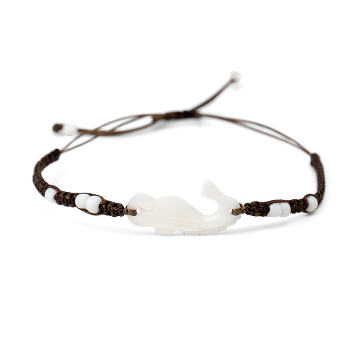 PSB525 - Large White Seahorse Bracelet with Small White Beads on Brown String