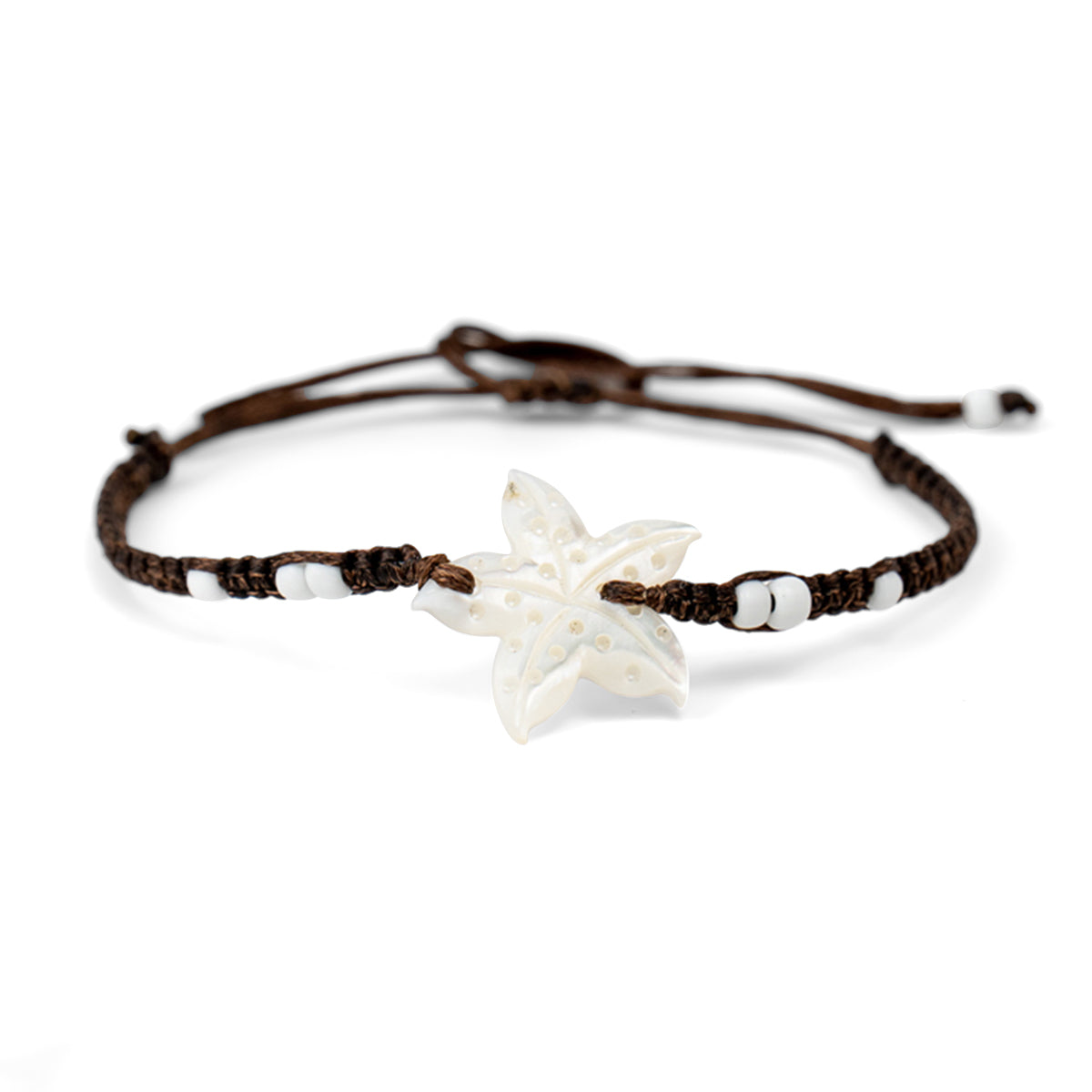PSB527 - Large White Starfish Bracelet with Small White Beads on Brown String