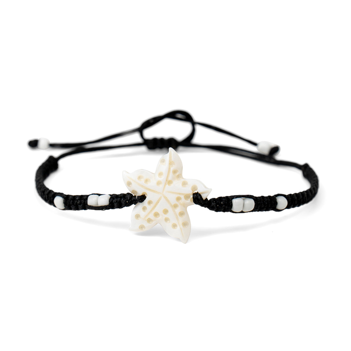 PALM STRINGS - MOTHER OF PEARL STARFISH WITH SMALL WHITE BEADS ON BLACK STRING