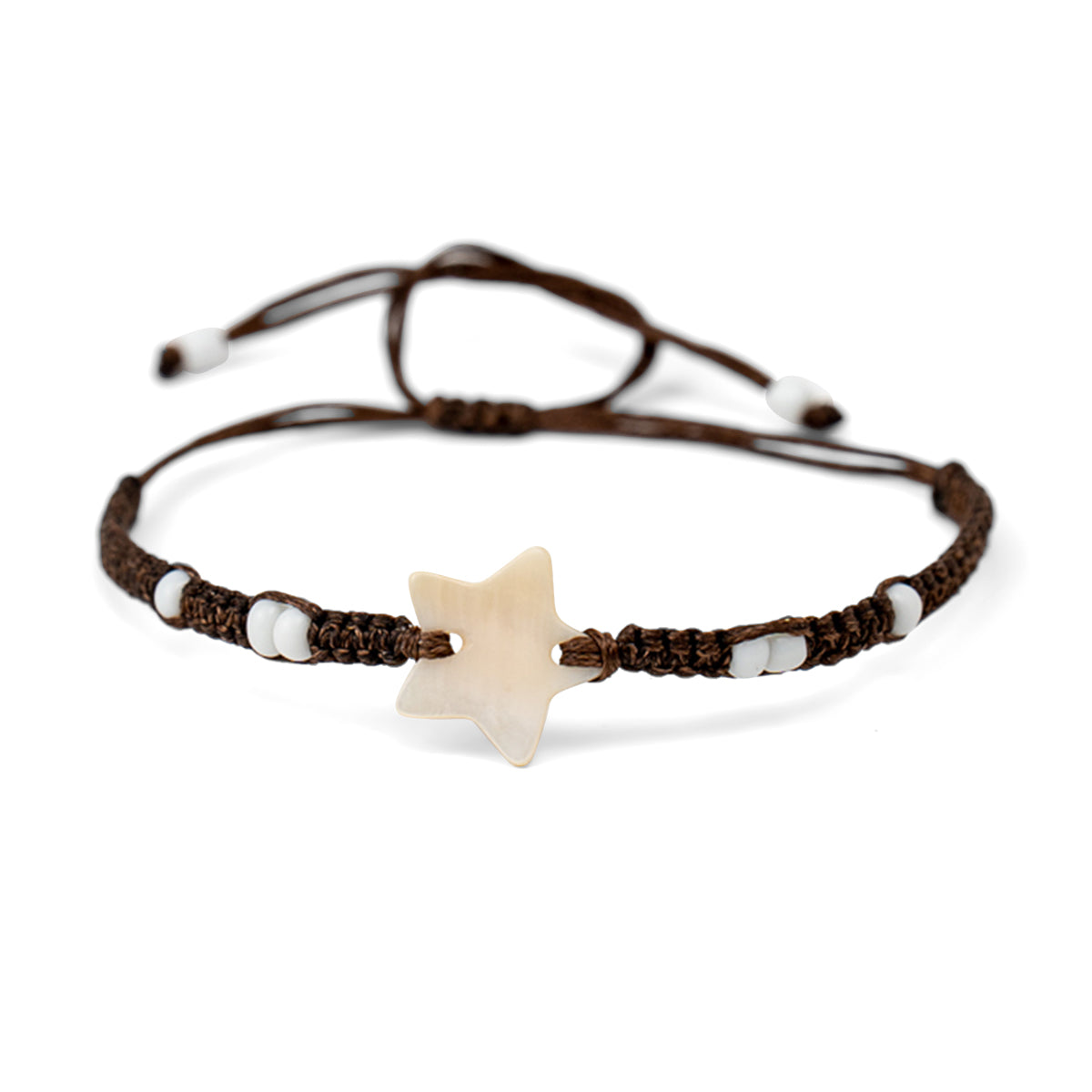 PALM STRINGS - 1 MEDIUM MOTHER OF PEARL STAR WITH SMALL WHITE BEADS ON LIGHT BROWN STRING