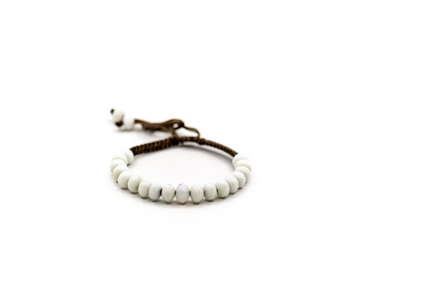 PSB585 - Large White Crystal Bead Bracelet on Brown String