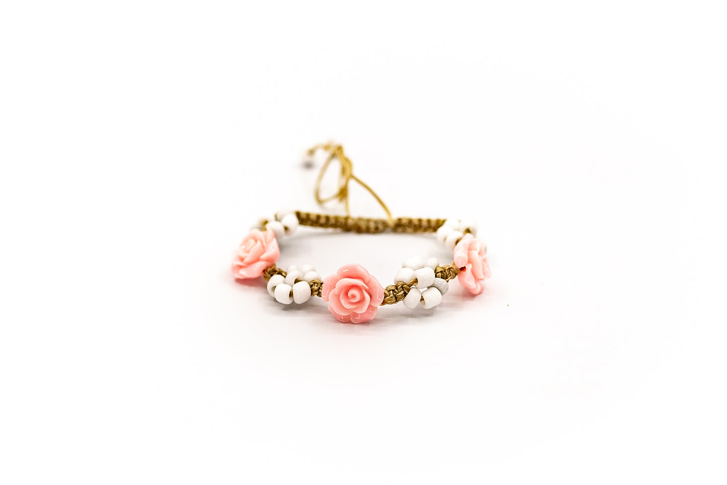 PSB681 - Pink Rose Bracelet with White Seed Beads on Sand String