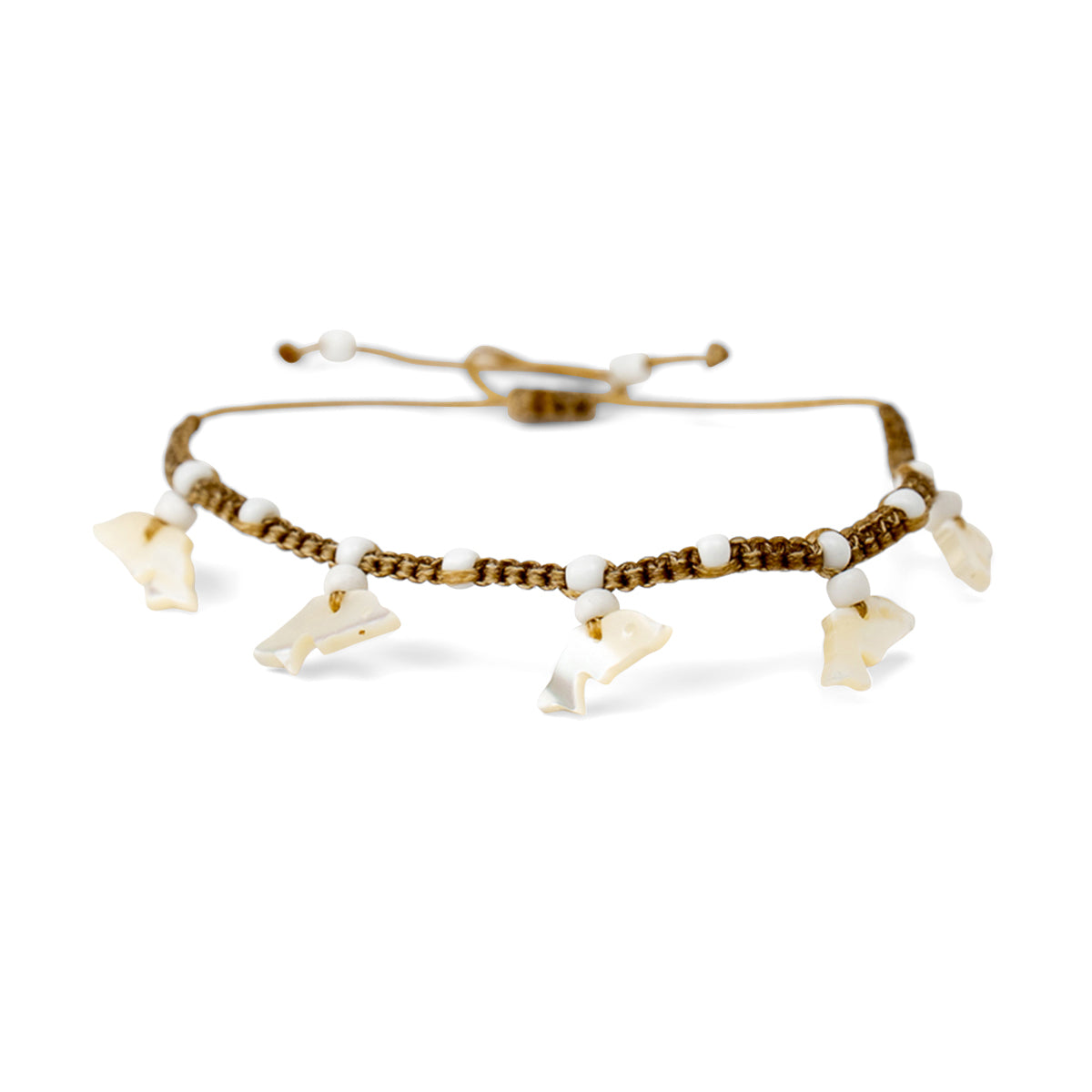 PSB690 - Mother of Pearl Dolphin Bracelet with Small White Beads on Sand String