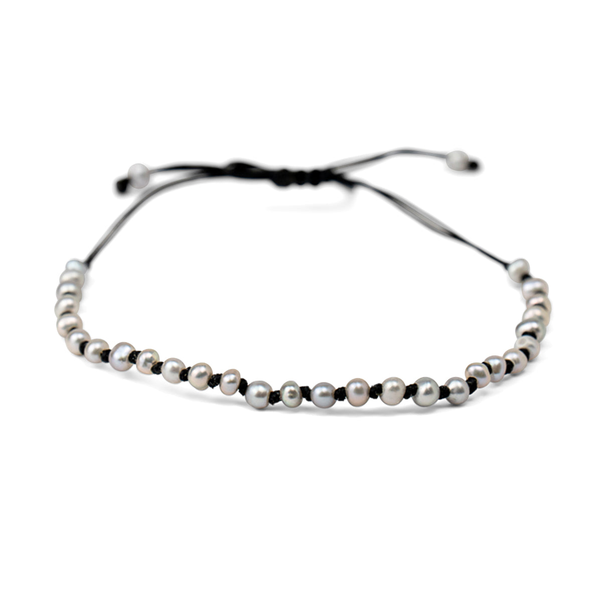 PALM STRINGS - SILVER POTATO PEARLS ON BLACK KNOTTED STRING