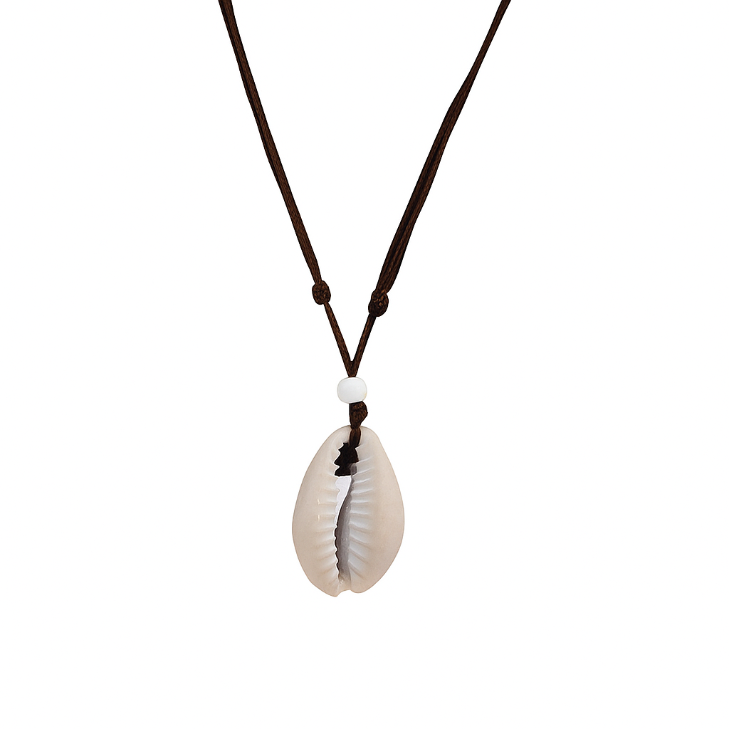 PSN246 - Half Shell Necklace with White Beads on Brown String