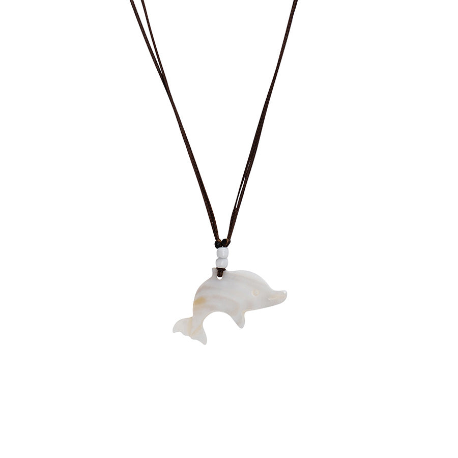PALM STRINGS - MOTHER OF PEARL FLAT DOLPHIN WITH SMAL WHITE BEADS ON BROWN STRING