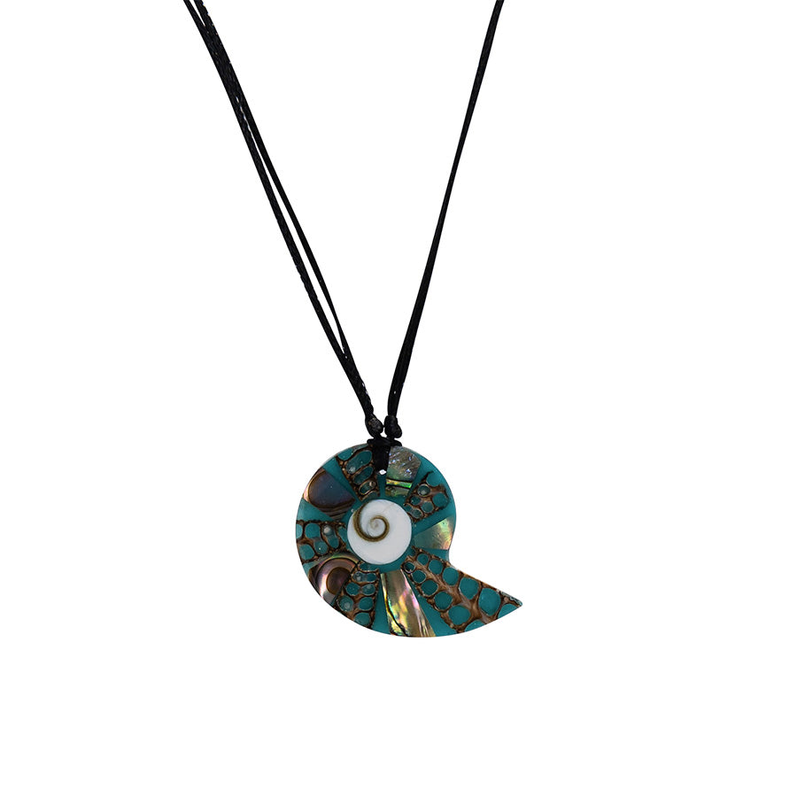 PSN316 - Blue St Lucia Shell Paua and Mother of Pearl Necklace on Black String