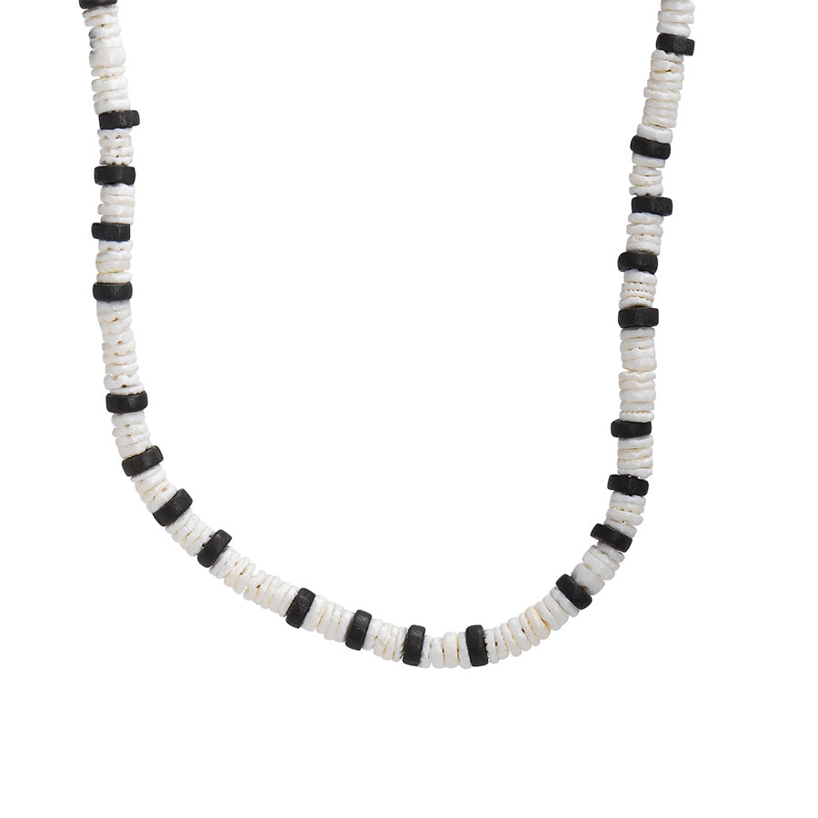 PALM STRINGS - FULL ROUND PUKA SHELL NECKLACE - GREY WOOD SPACER BEADS WITH METAL CLASP (SHELL SIZE - MEDIUM)