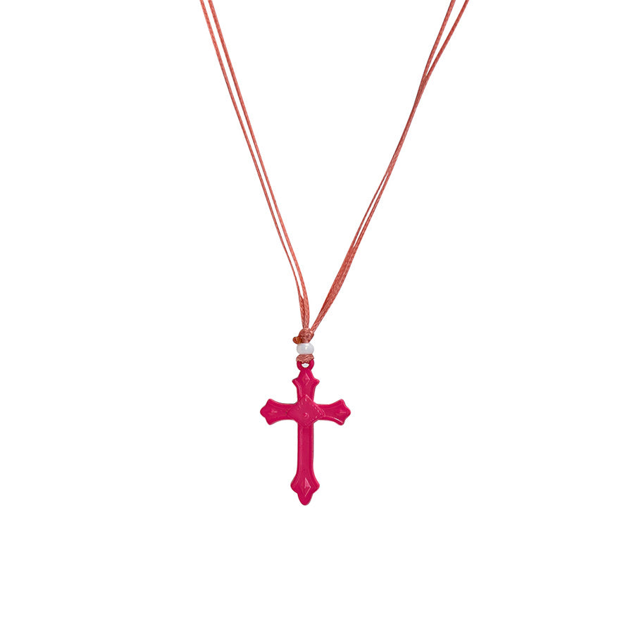 PSN332 - Light Blue Cross Necklace with White Bead on Light Pink String