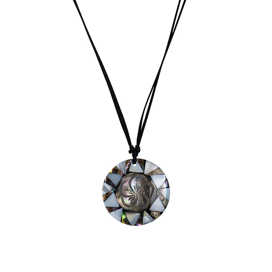 PSN343 - Round Paua and Mother of Pearl Shell Necklace on Black String