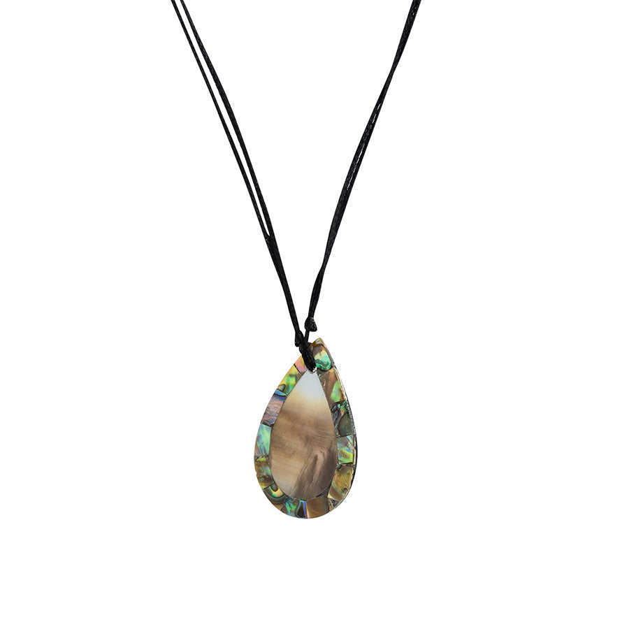 PSN355 - Teardrop Mother of Pearl Style Paua Shell Necklace on Black String
