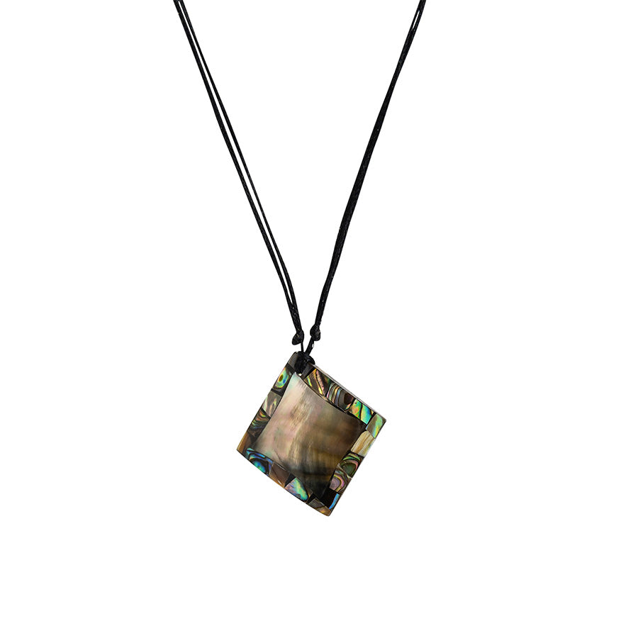 PSN363 - Square Paua and Mother of Pearl Shell Necklace on Black String