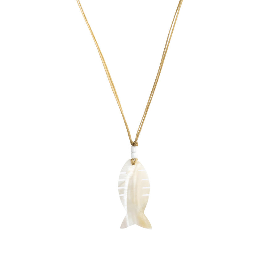PSN365 - Mother of Pearl Flat Fish Necklace with White Beads on Sand String