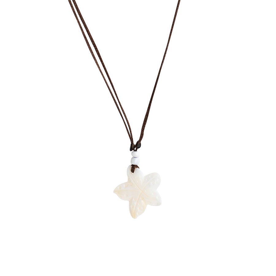 PSN367 - Mother of Pearl Flat Starfish Necklace with White Beads on Brown String