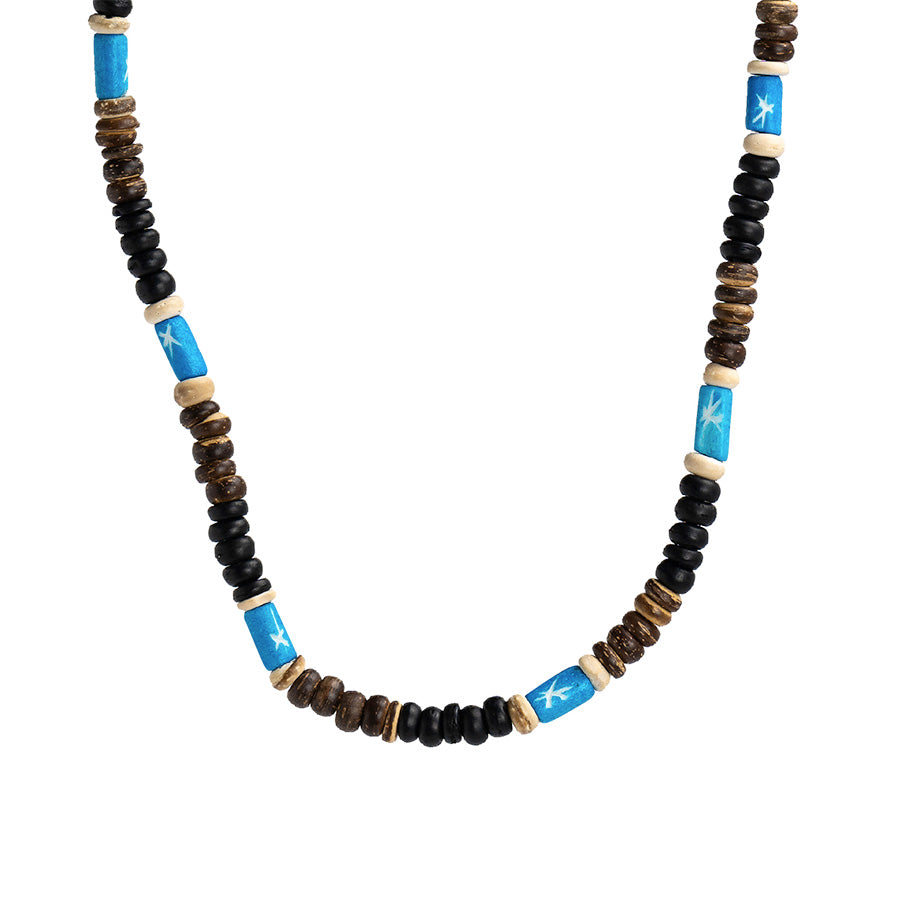PALM STRINGS - BLUE OBLONG BONE WITH BRN/BLACK/IVORY COCO BEADS ON BLACK STRING