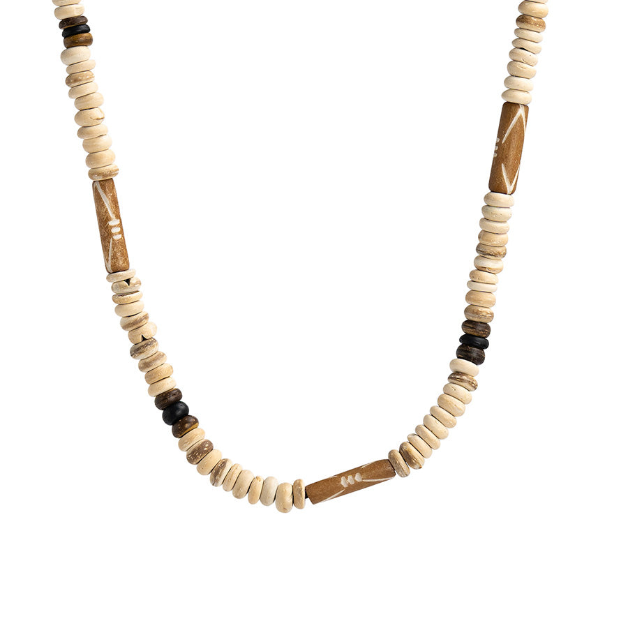 PSN380 - Light Brown Oblong Bone Necklace with Ivory, Brown and Black Coco Beads
