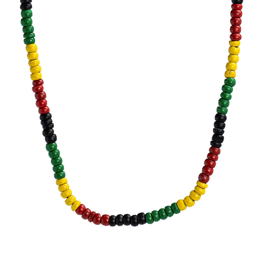 PSN381 - Reggae Colour Wooden Bead Necklace on Black String