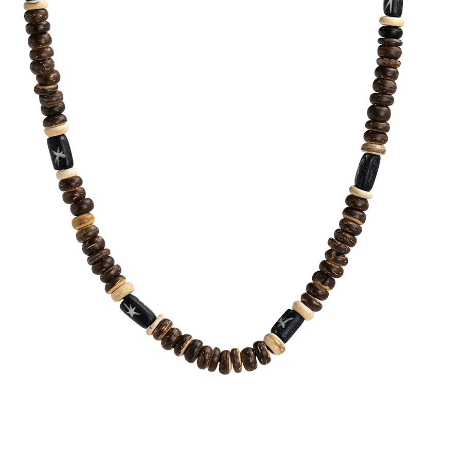 PSN383 - Black Oblong Bone Necklace with Brown and White Coco Beads