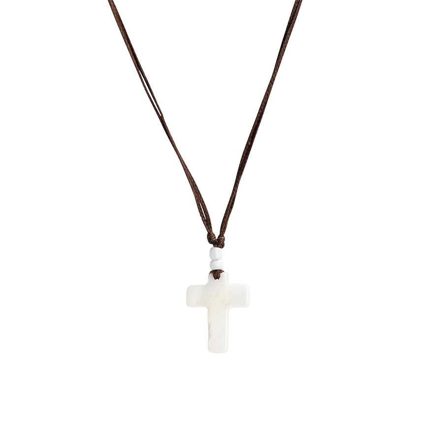 PSN387 - Mother of Pearl Cross Necklace with White Beads on Brown String