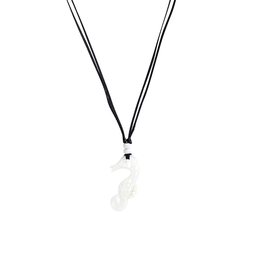PSN388 - Mother of Pearl Flat Seahorse Necklace with White Beads on Black String