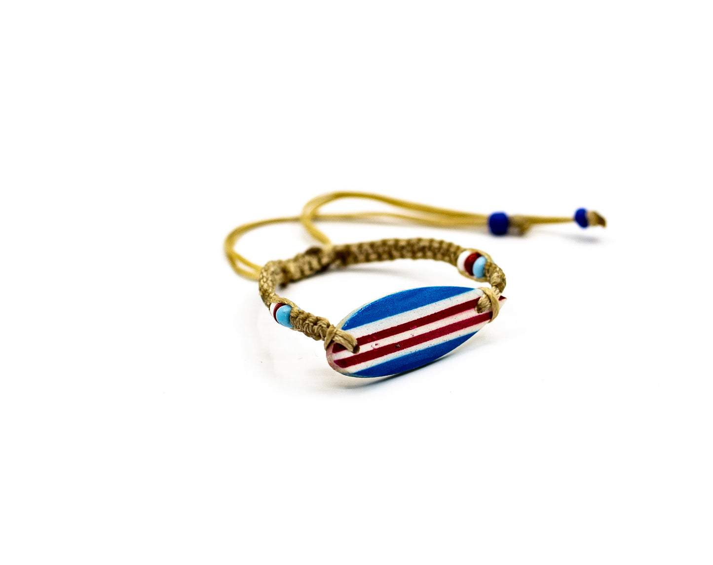 PSB167 - Blue Red and White Surfboard Bracelet with Small Assorted Beads on Sand String