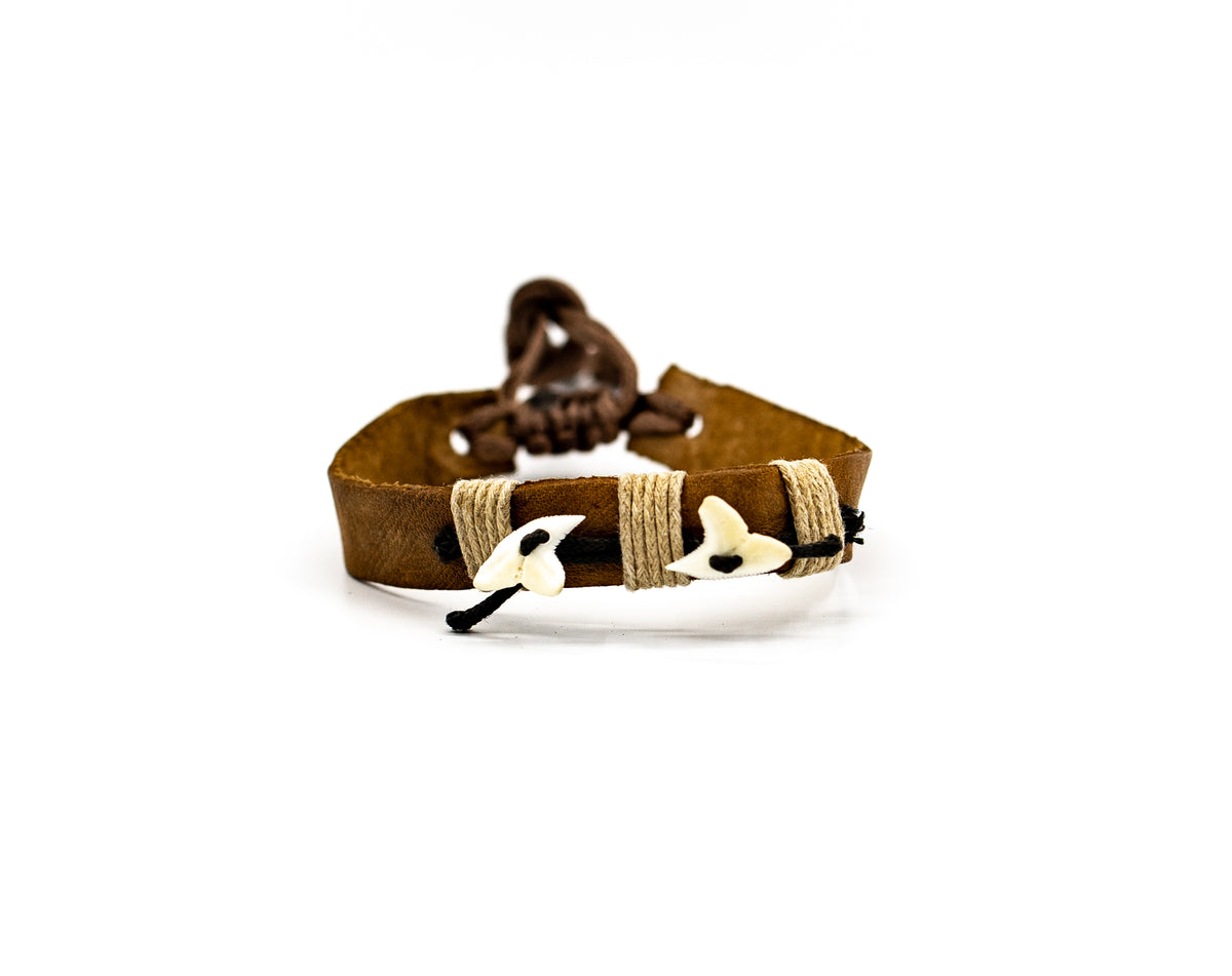 PSB175 - Thick Multicolour Leather Shark Tooth Bracelet - Light Brown