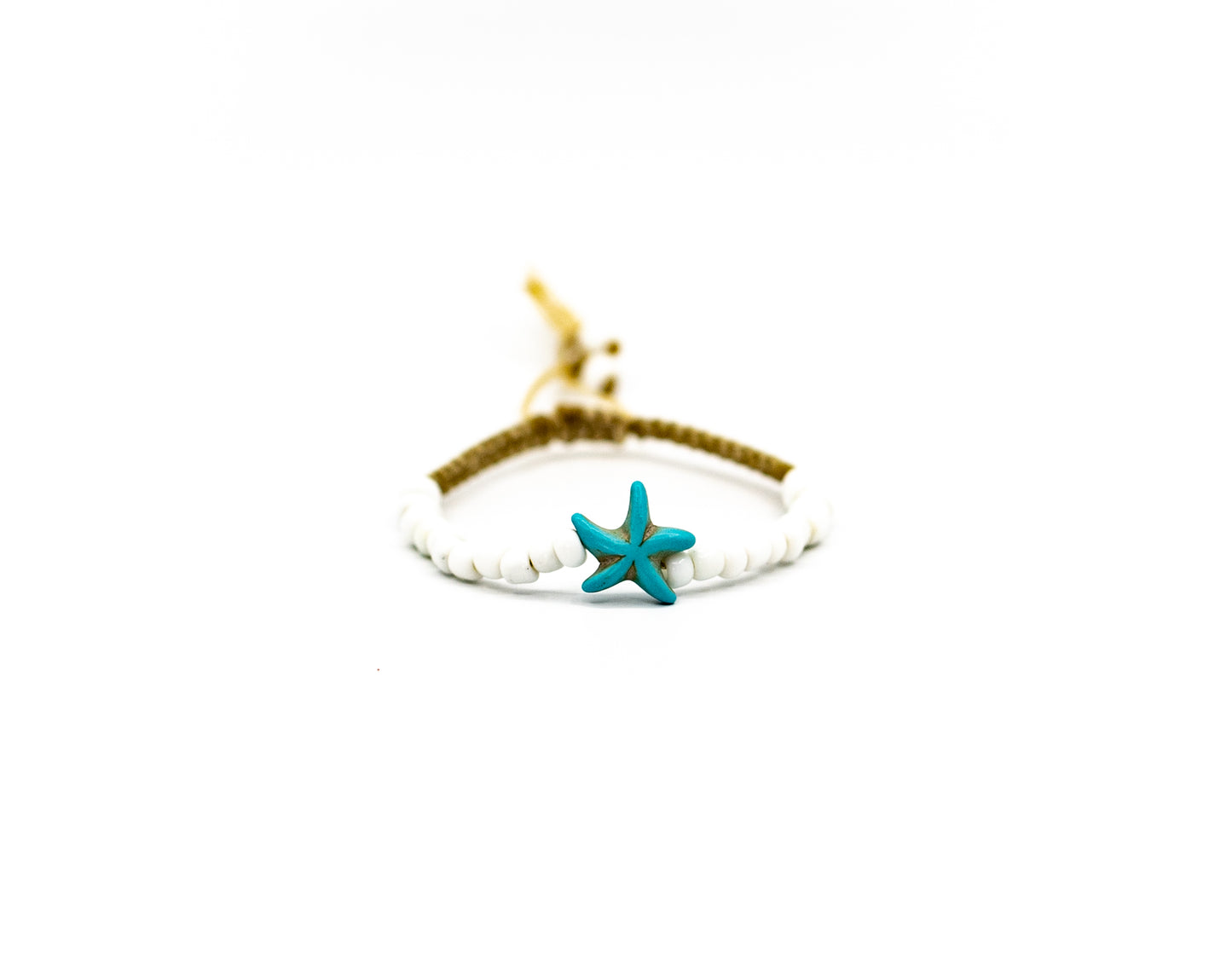 PALM STRINGS - SMALL TURQUOISE STARFISH WITH STRING OF WHITE BEADS ON SAND STRING