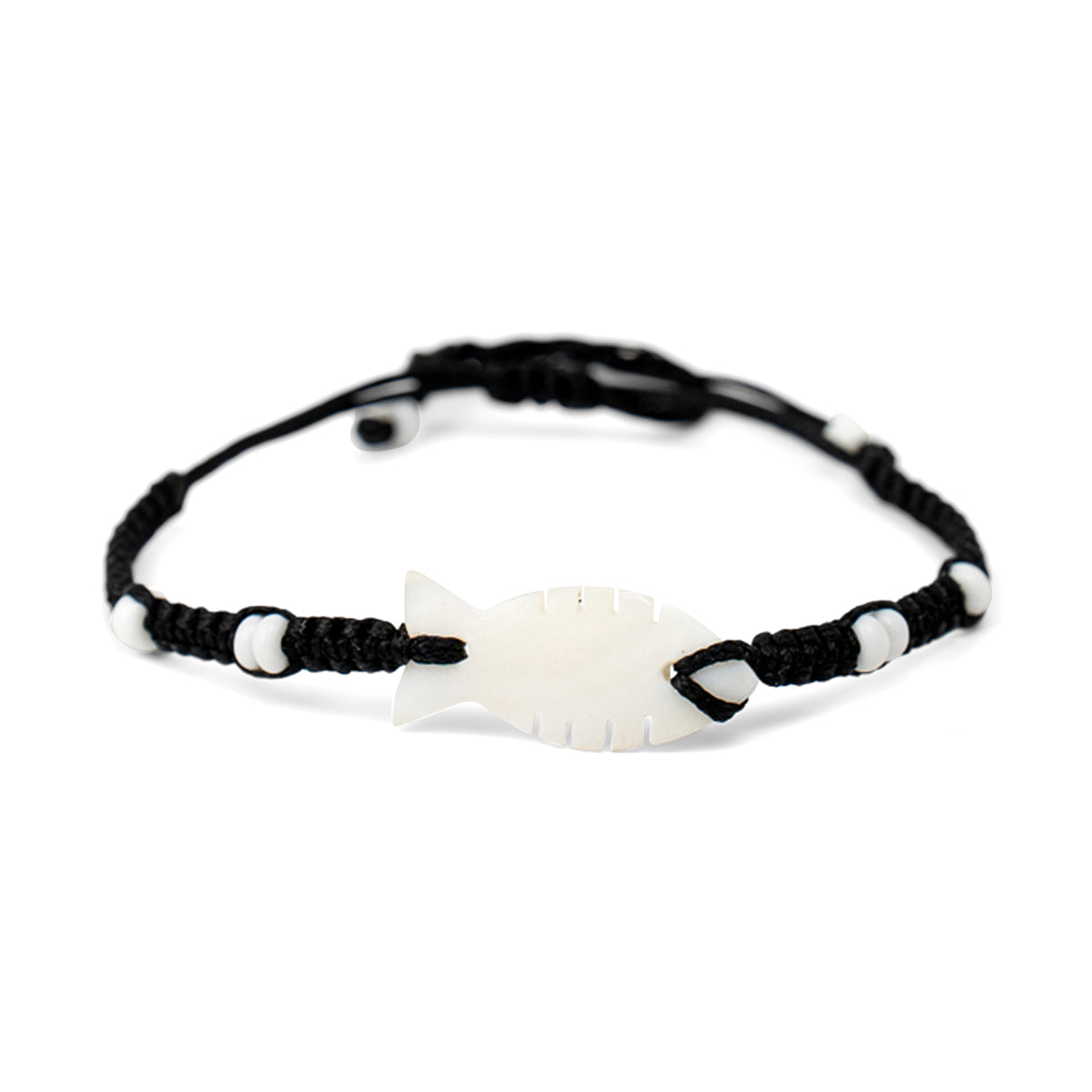 PSB185 - Small Fish Bracelet with Small White Beads on Black String