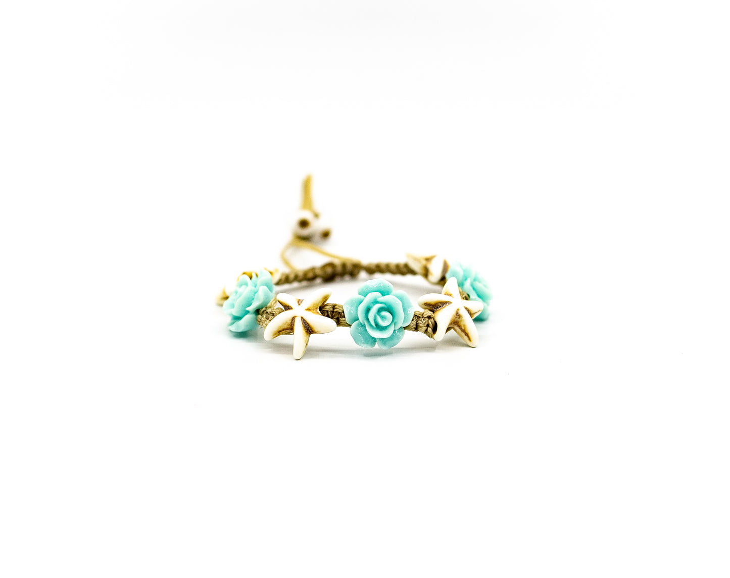 PSB214 - Light Blue Rose Bracelet with Starfish on Sand String