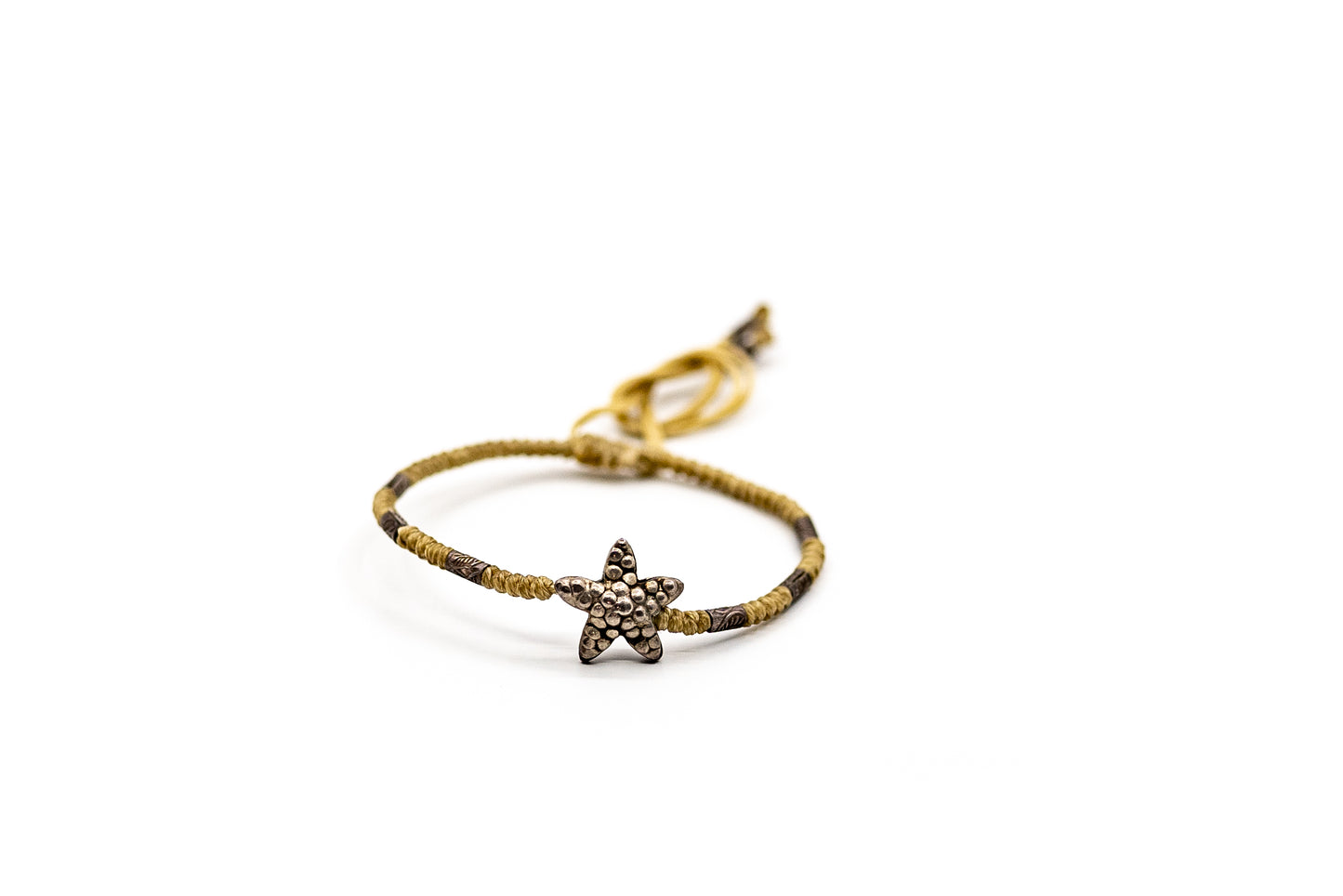 PSB296 - Silver Starfish Bracelet with Braided Sand String and Oblong Silver Beads