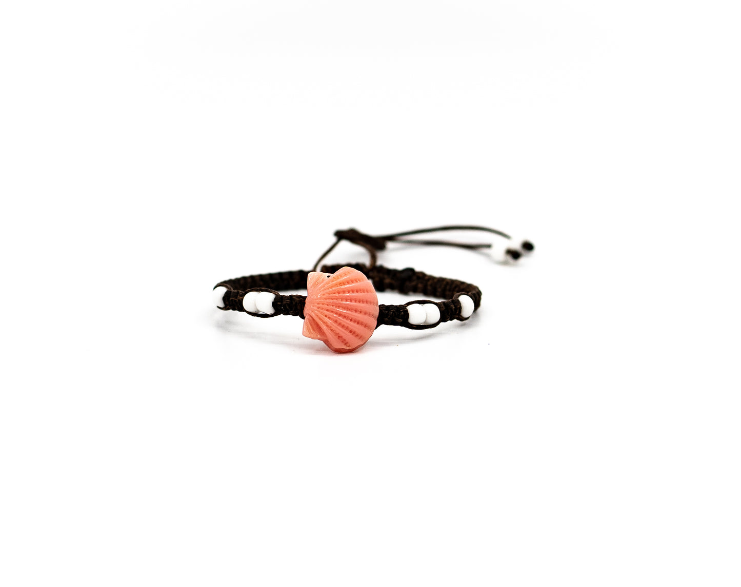 PSB325 - Resin Pink Shell Bracelet with Mini White Beads on Brown String