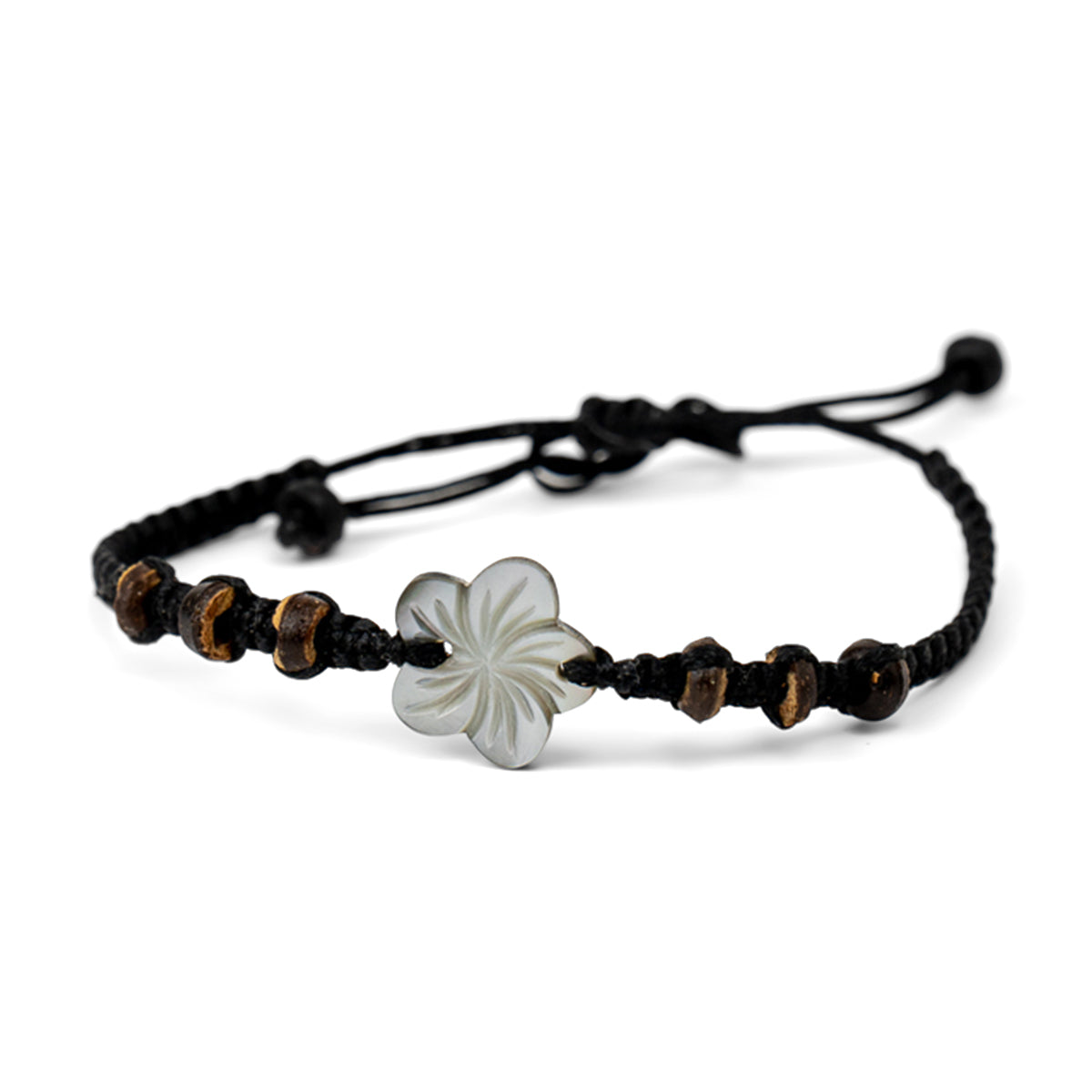 PSB330 - Paua Flower Bracelet with Wooden Beads on Black String