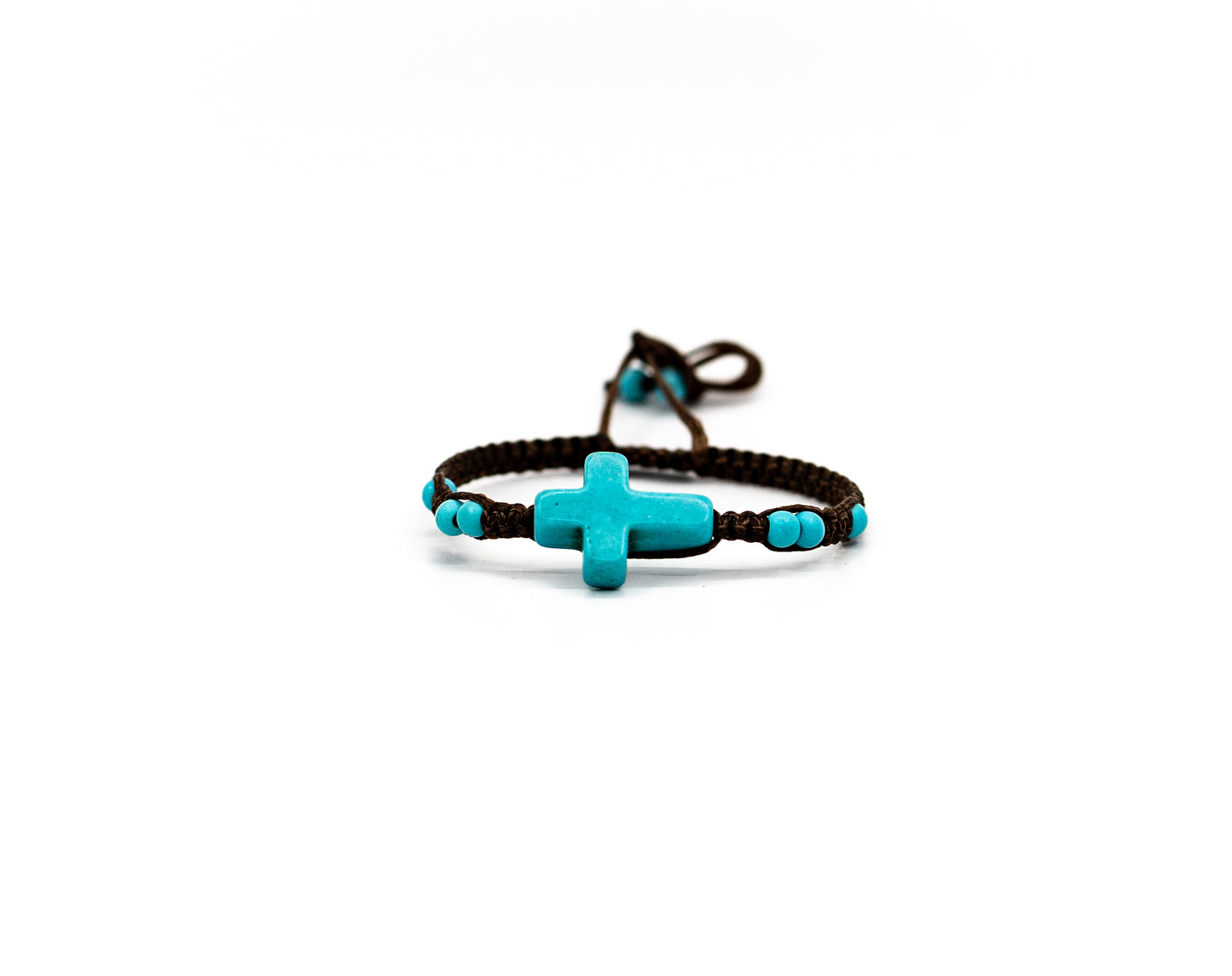 PSB334 - Medium Stone Cross Bracelet with Mini White Beads on Brown String