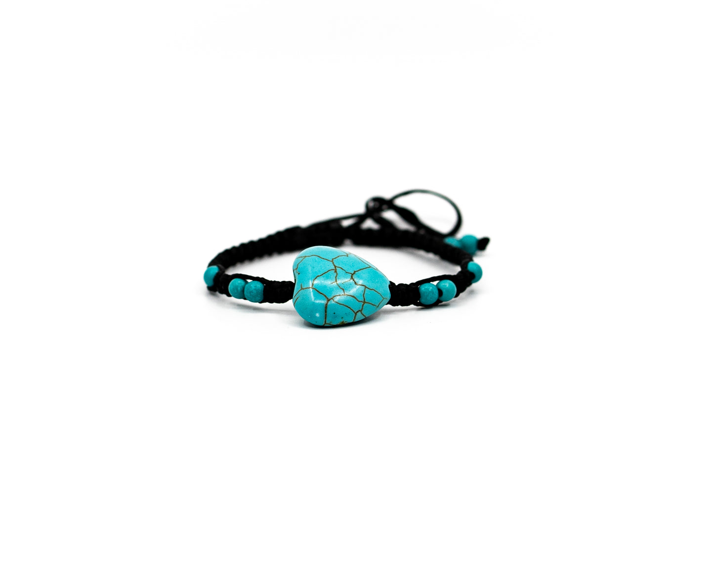 PSB338 - Large Turquoise Stone Heart Bracelet with Mini Turquoise Beads on Black String