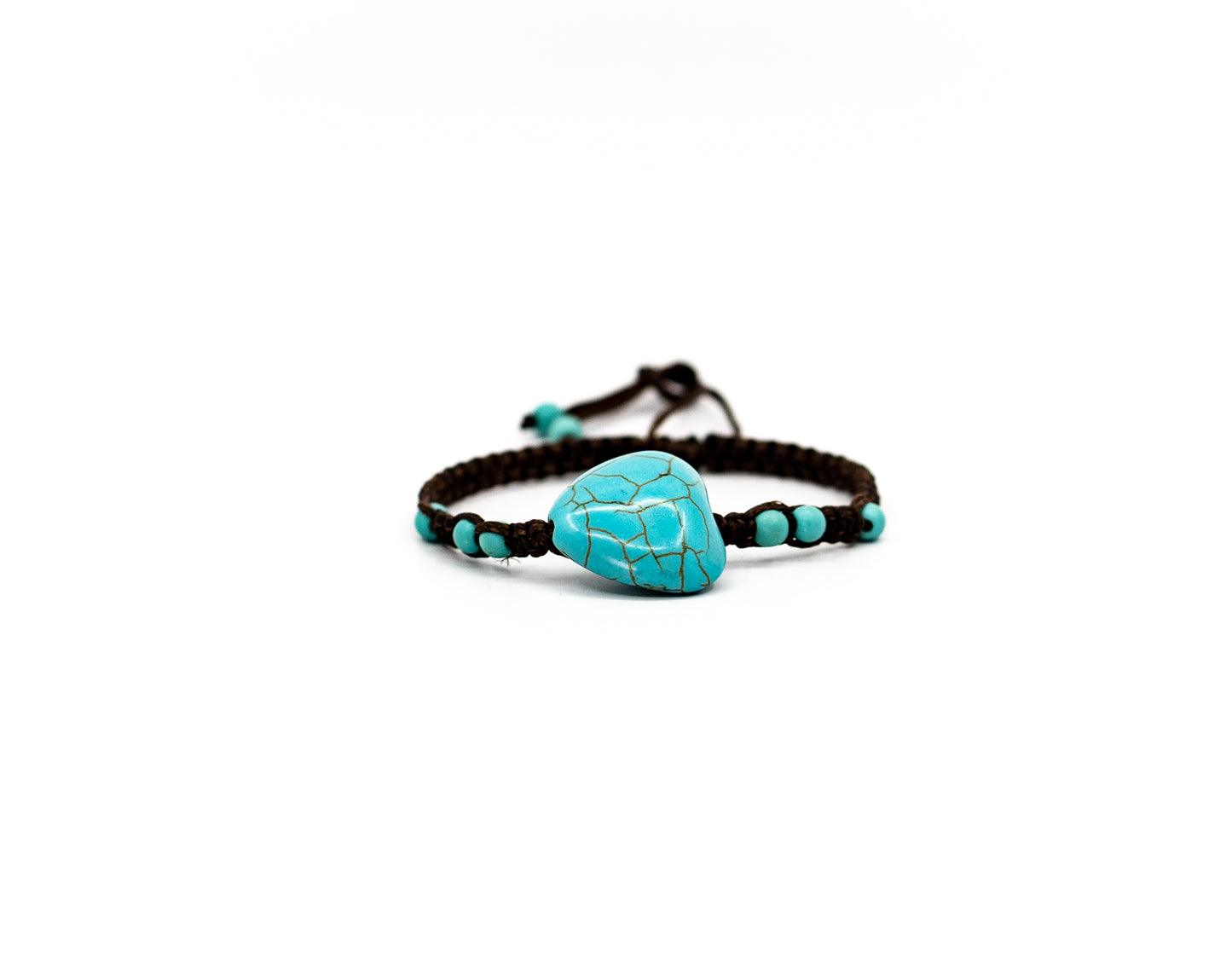 PSB339 - Large Turquoise Stone Heart Bracelet with Mini Turquoise Beads on Brown String