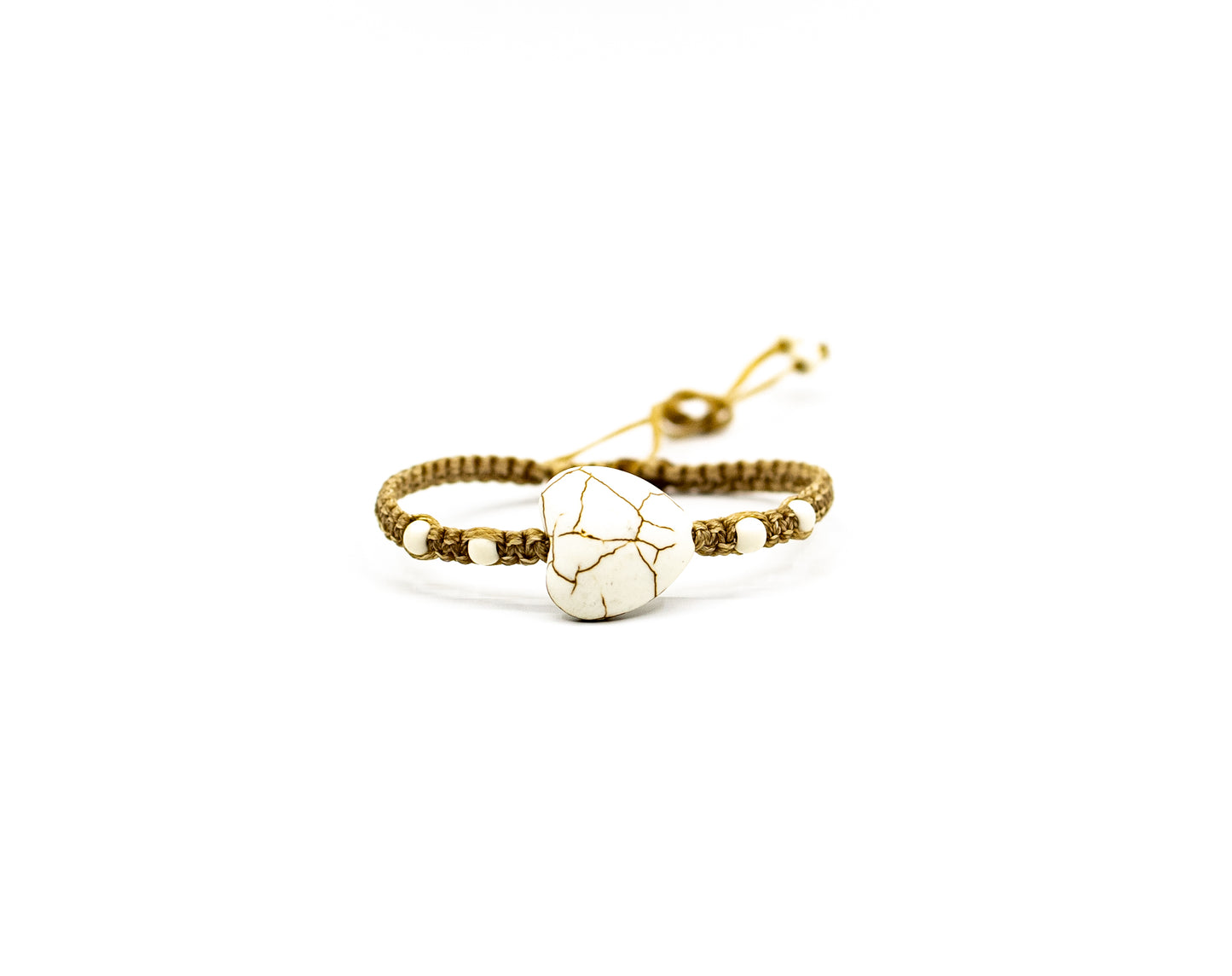 PSB340 - Medium White Stone Heart Bracelet with Mini White Beads on Cream String