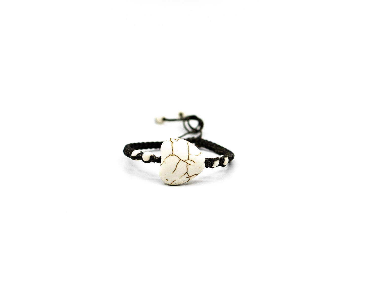 PSB341 - Medium White Stone Heart Bracelet with Mini White Beads on Grey String