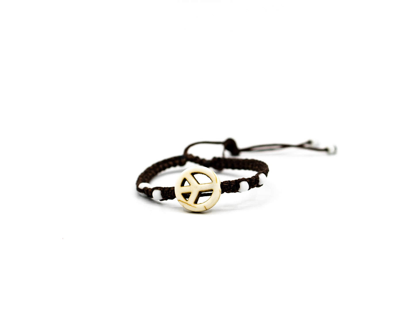 PSB344 - Medium Ivory Stone Peace Sign Bracelet with Mini White Beads on Brown String