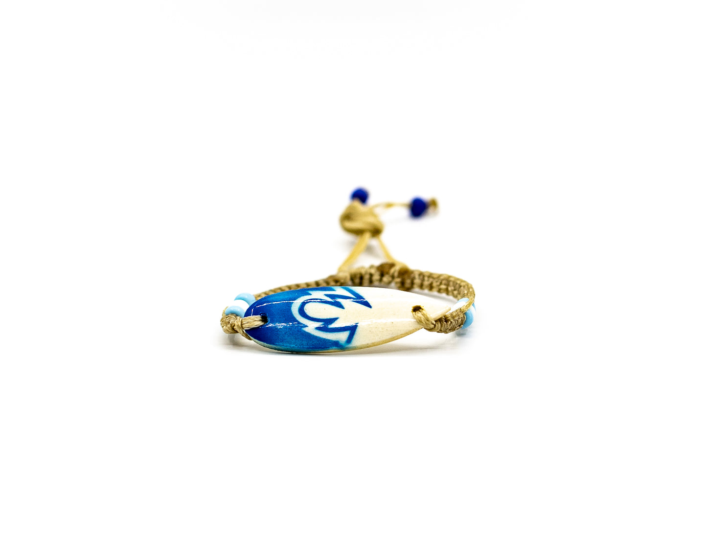 PSB345 - Blue and White Surfboard Bracelet with Mini Blue and White Beads on Sand String