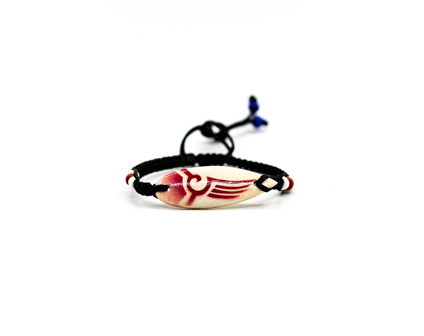 PSB346 - Red and White Surfboard Bracelet with Mini Red and White Beads on Black String