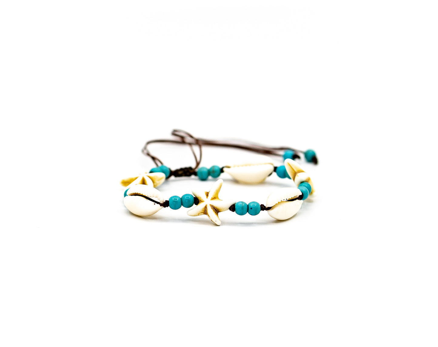 PALM STRINGS - COWRIE/STARFISH AND SMALL TURQUOISE BEADS BROWN STRING