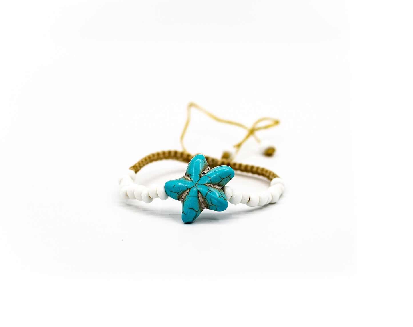 PSB436 - Large Turquoise Stone Starfish Bracelet with Assorted White Beads on Flat Knot String