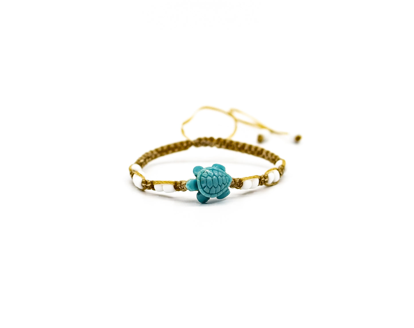 PSB455 - Small Blue Resin Turtle Bracelet with Small White Beads on Sand Flat Knot String